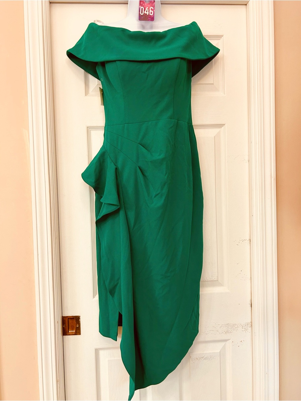 Betsy Adam off -shoulder Emerald Green Draped Cocktail Dress